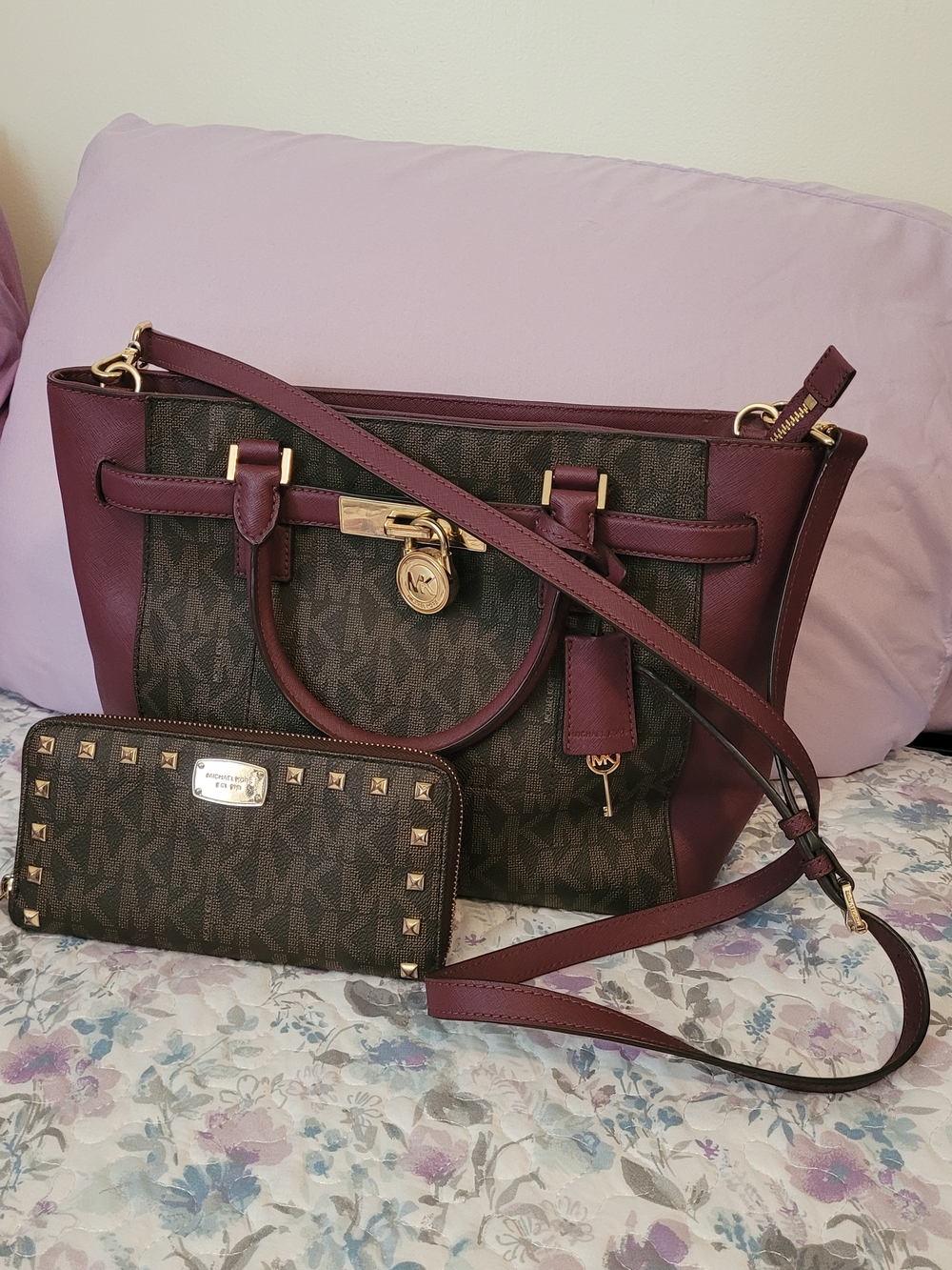 Michael Kors Signature Satchel Tote Wine Brown MK Logo W/ Studded Jet Set Wallet